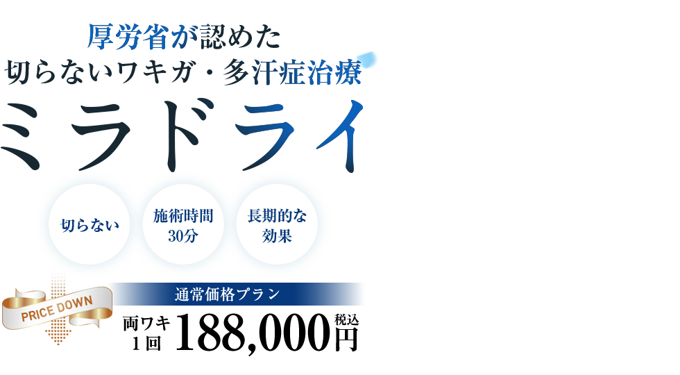 厚労省が認めた切らないワキガ・多汗症治療 ミラドライ「切らない」「長期的な効果」「治療実績12万件以上」マイクロ波によるワキ汗治療 厚労省が唯一認証した医療機器